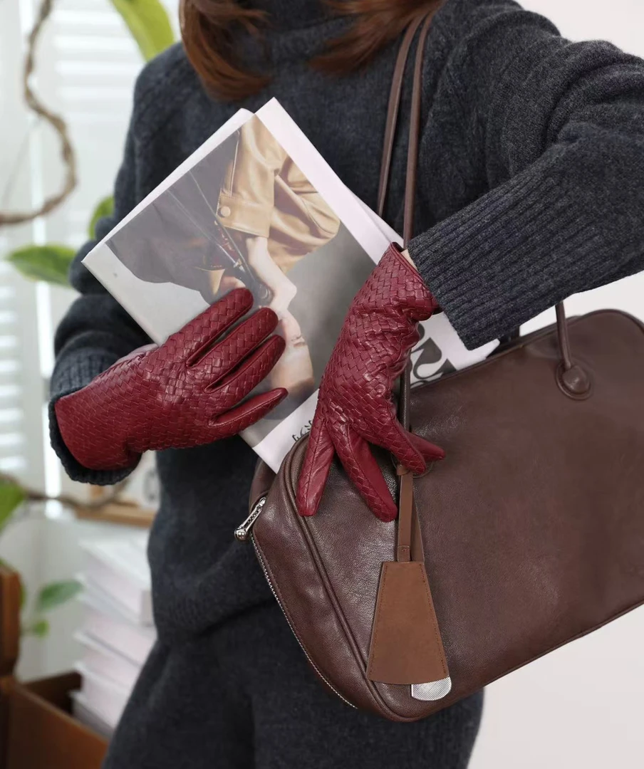ins秋冬单品安哥拉酒红编织羊皮真皮手套女士保暖开车骑行车触屏