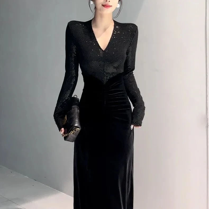 D198新款拼接气质连衣裙V领压褶显瘦长裙时尚拼色长袖轻奢裙子女