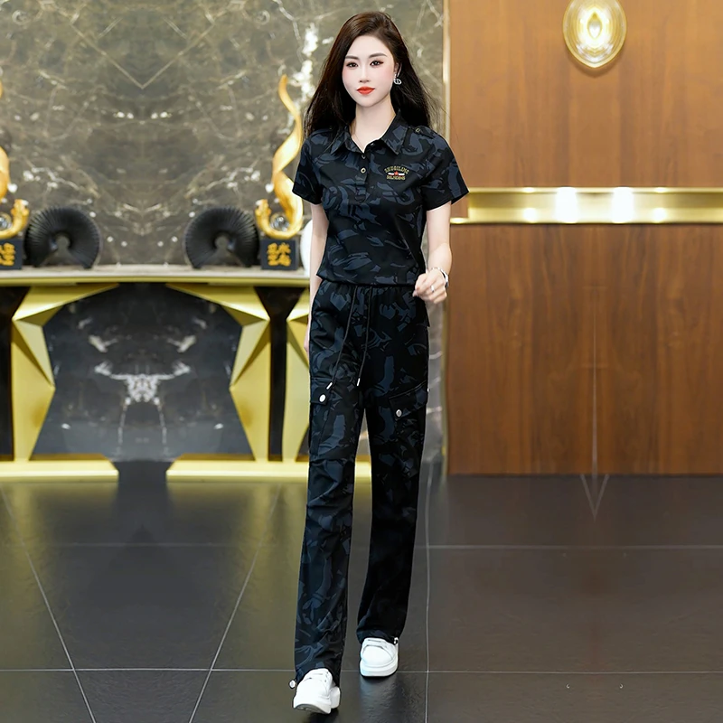 夏季新款女迷彩翻领洋气短袖搭配休闲束脚裤套装夏装裤子上衣显瘦