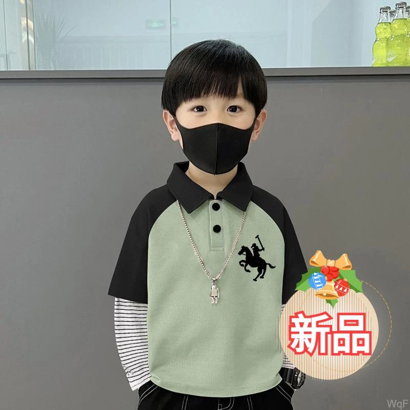 纯棉潮拼接时尚卡通假两件男童POLO衫印花长袖T恤时尚打底衫春秋T