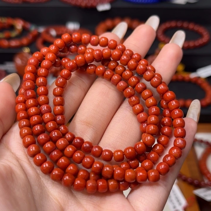 南红玛瑙未镶嵌手链满肉柿子红老型多圈5mm