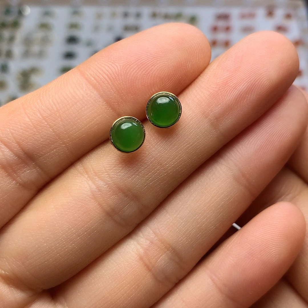 银S925镀金镶嵌和田玉（碧玉）耳饰