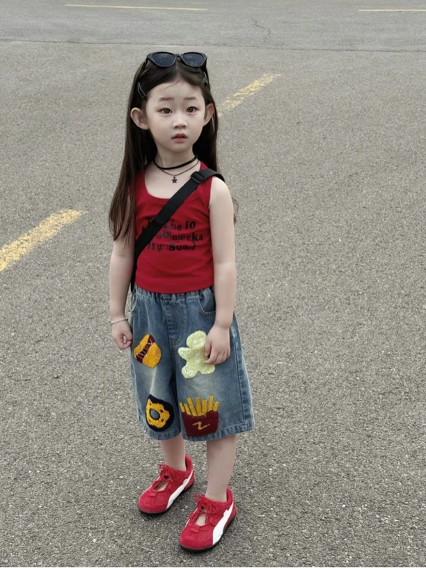 女童套装2025夏季新款韩版无袖字母印花涂鸦短袖T恤裤子两件套潮