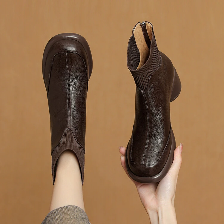 2025年秋季复古风粗跟拼接纯色短筒骑士靴A993