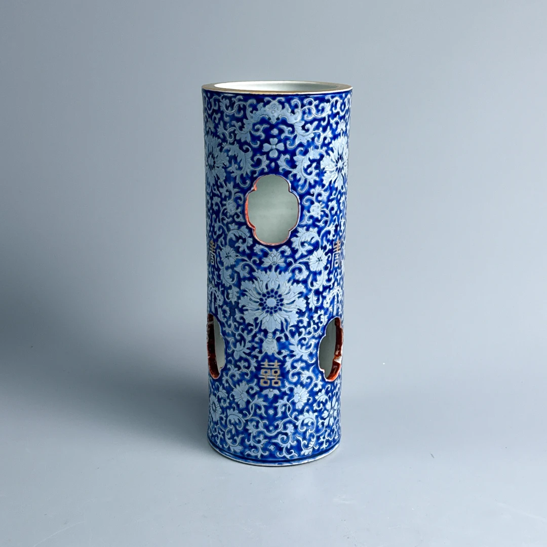 瓷器/古董光绪蓝地粉彩莲镂空帽筒M25BR001D98收藏/文物/绣花张