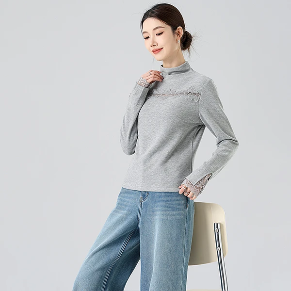 燕苹新冬款加绒舒适半高领镂空蕾丝花边开叉袖修身打底上衣CX2589