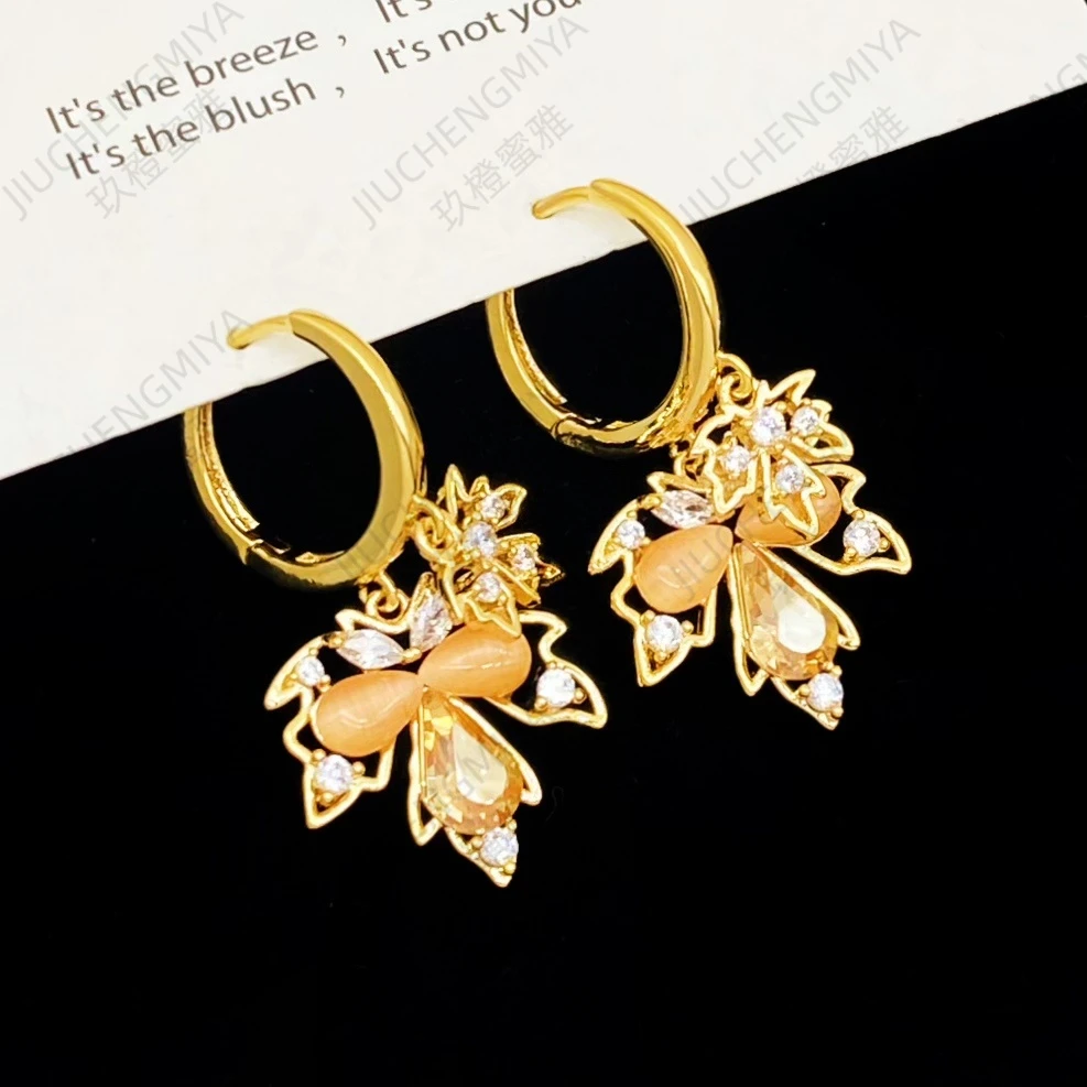 铜合金合成锆石耳饰 浪漫红枫KL474高级感灵动香槟色枫叶耳环