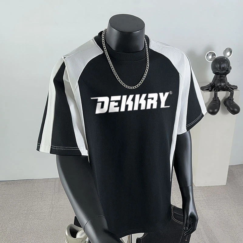 jtrt国潮字母印花纯棉短袖t恤男夏季高街拼接设计感宽松休闲上衣