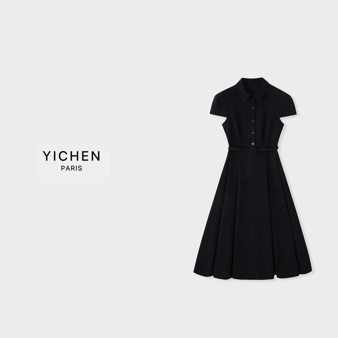 YC 赫本风经典翻领立裁收腰女士长款连衣裙-1491