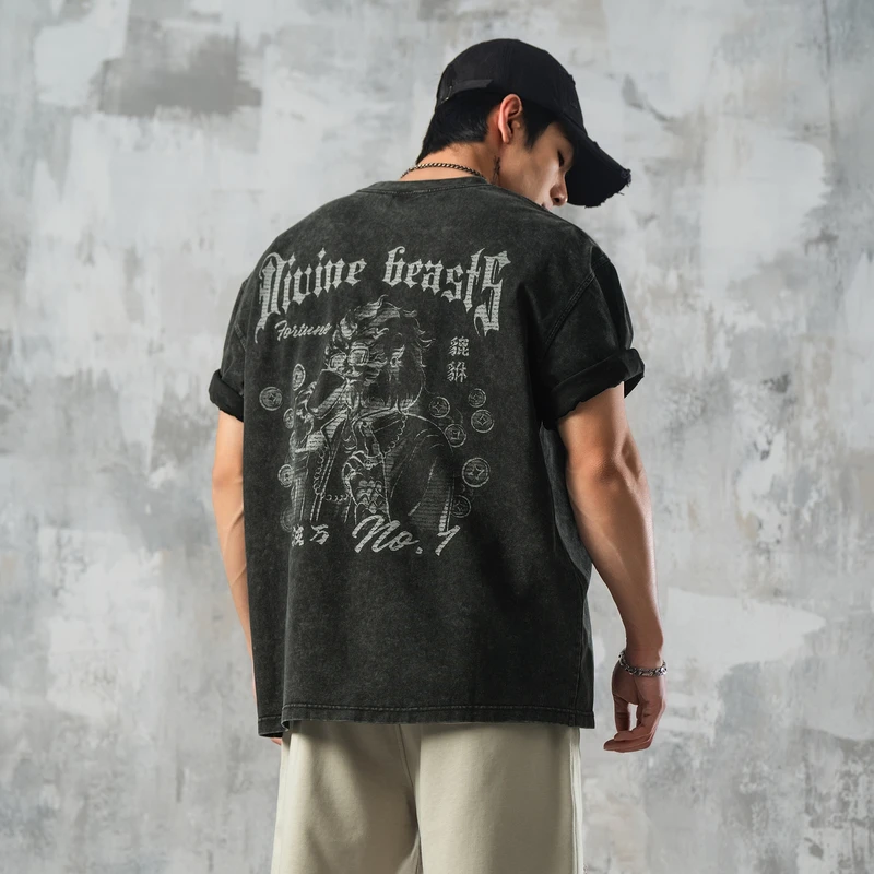 鹿家门夏季新款原创貔貅印花短袖纯棉复古宽松半袖男运动健身T恤