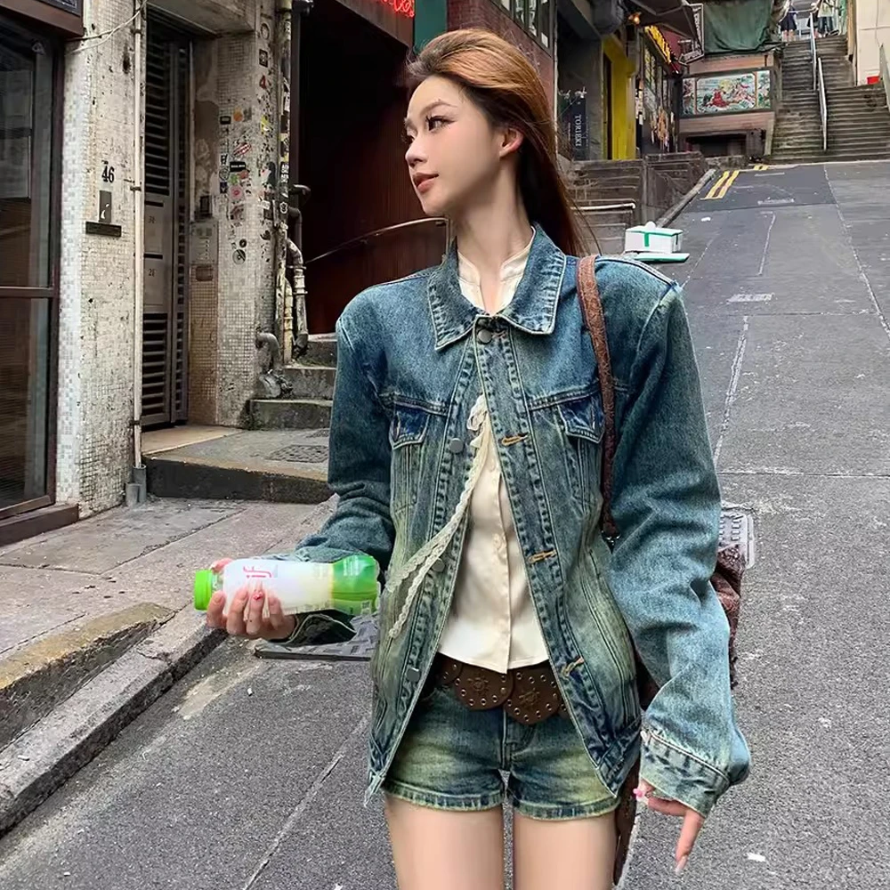 时尚网红复古牛仔外套春秋女做旧长袖百搭显瘦夹克潮流正肩牛仔衣