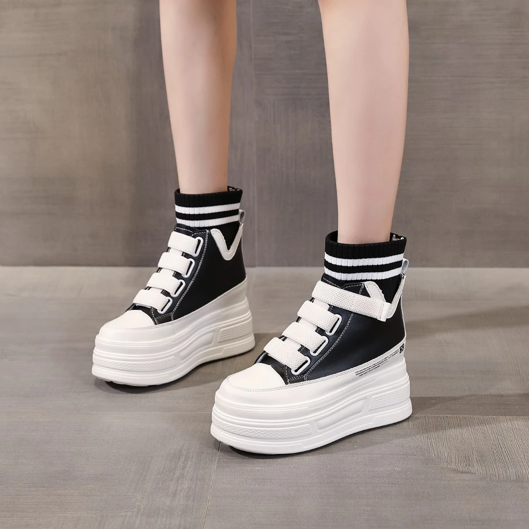 潮流真皮高帮鞋增高8cm小个子厚底白色休闲鞋内增高女鞋 秋冬短靴