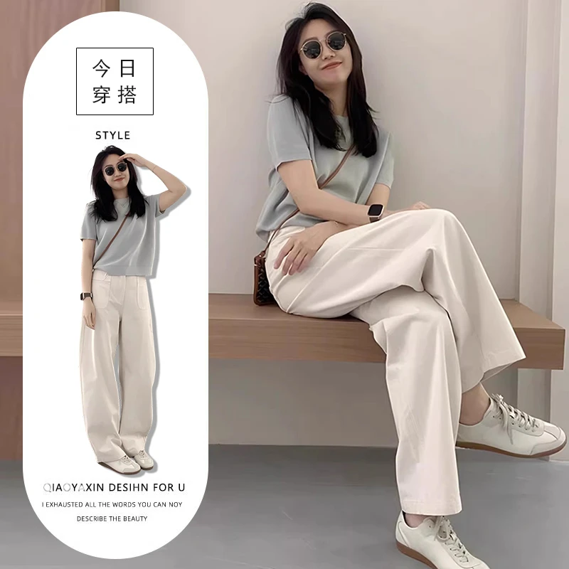 薄款时尚套装女夏气质百搭宽松灰色上衣搭配阔腿休闲裤两件套