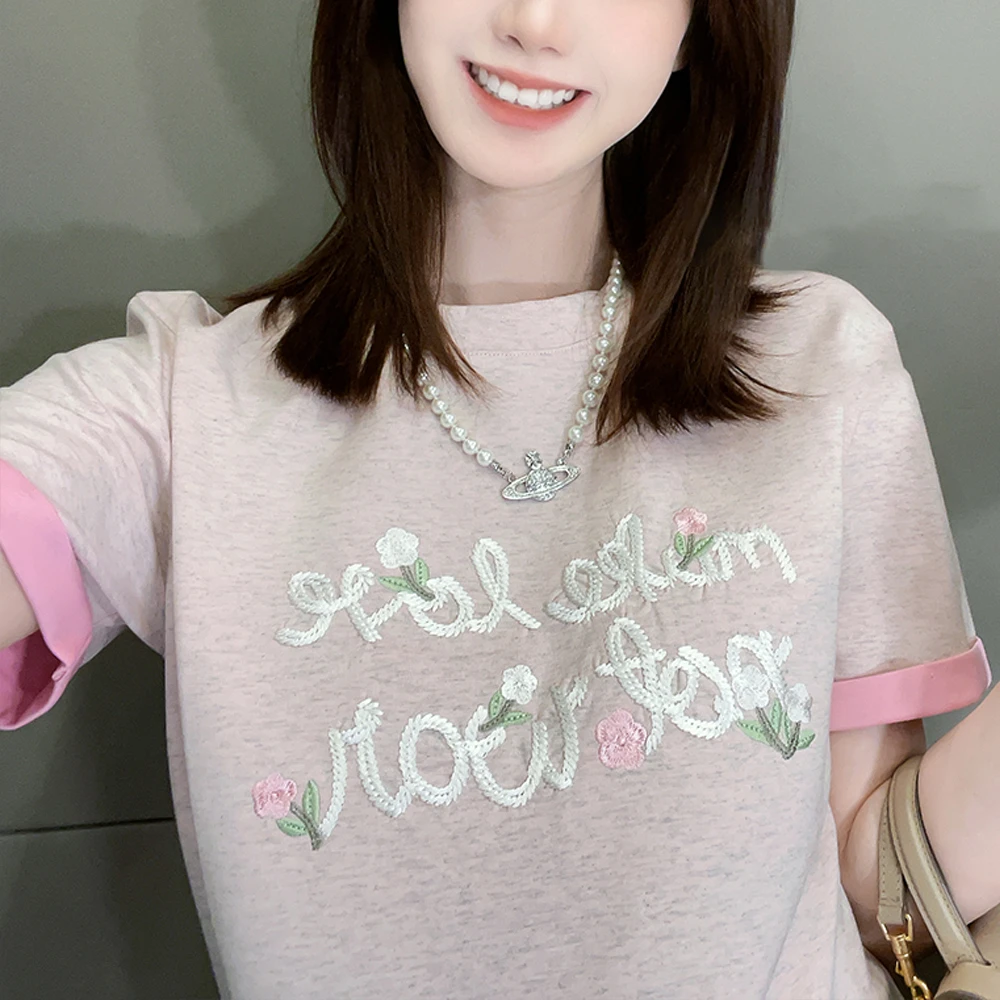 重工刺绣撞色短袖2025夏季新款显瘦宽松大码潮流百搭打底上衣1644