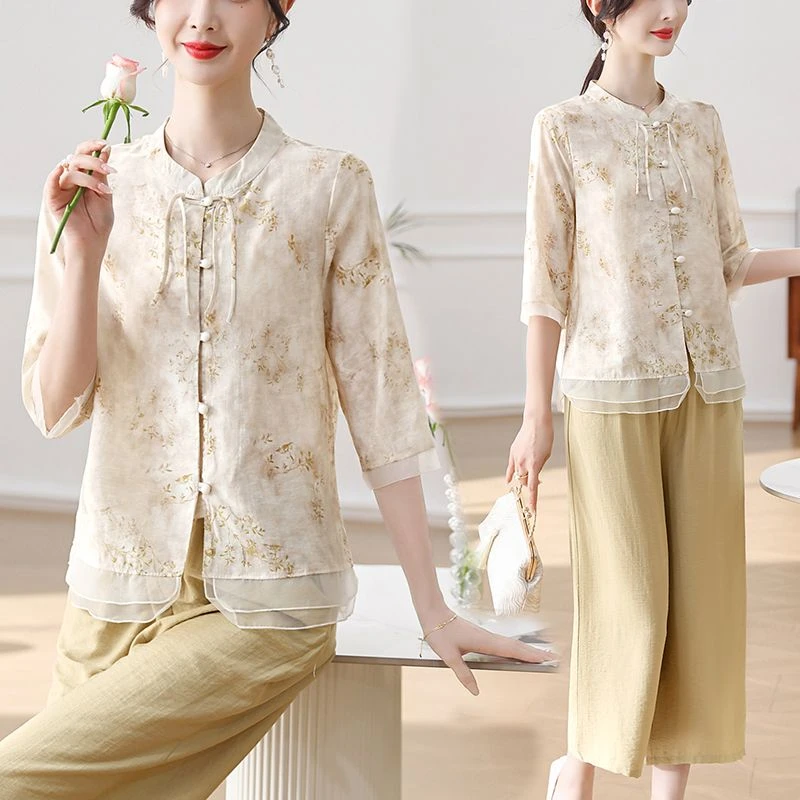 中老年女夏装民族风短袖上衣时尚妈妈装减龄新中式国风小衬两件套