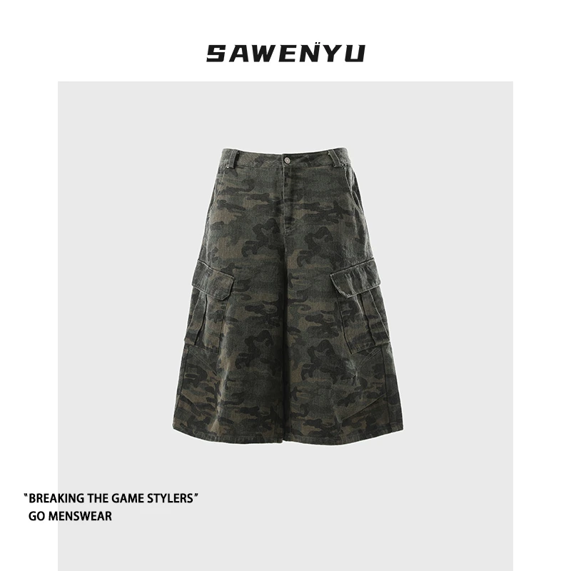 SAWENYU 美式迷彩口袋七分裤男女夏季潮牌设计感宽松阔腿工装裤子