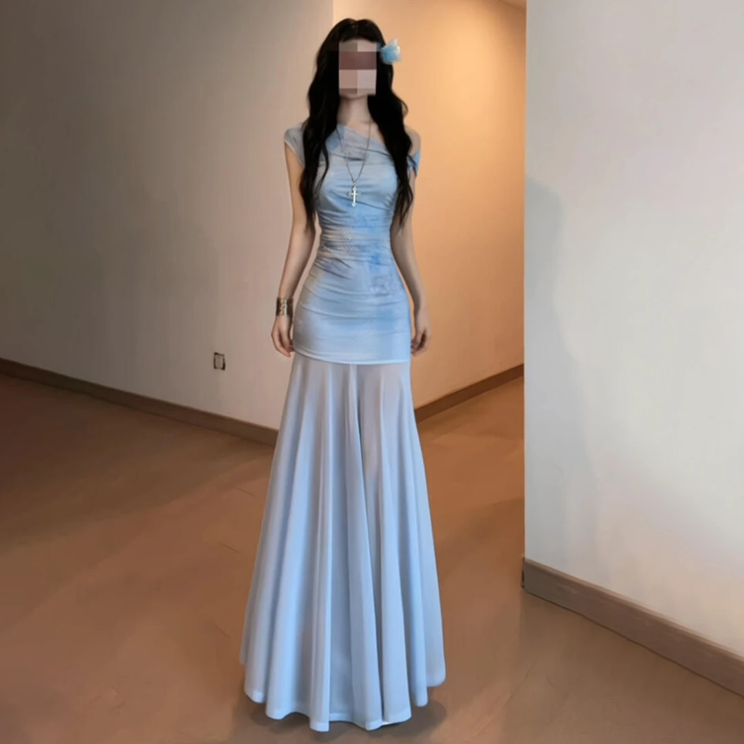 辣妹修身鱼尾裙2025新款夏日绝美巨好看蓝色收黑色长款修身连衣裙