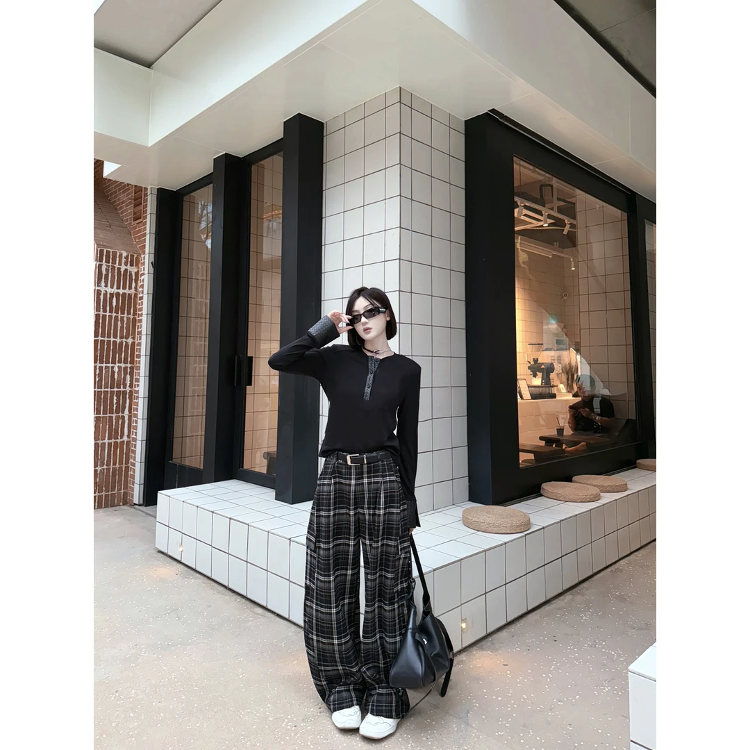 邓蕾婷【穿搭同频】秋季新款格子洋气小众设计高级感宽松休闲阔腿裤