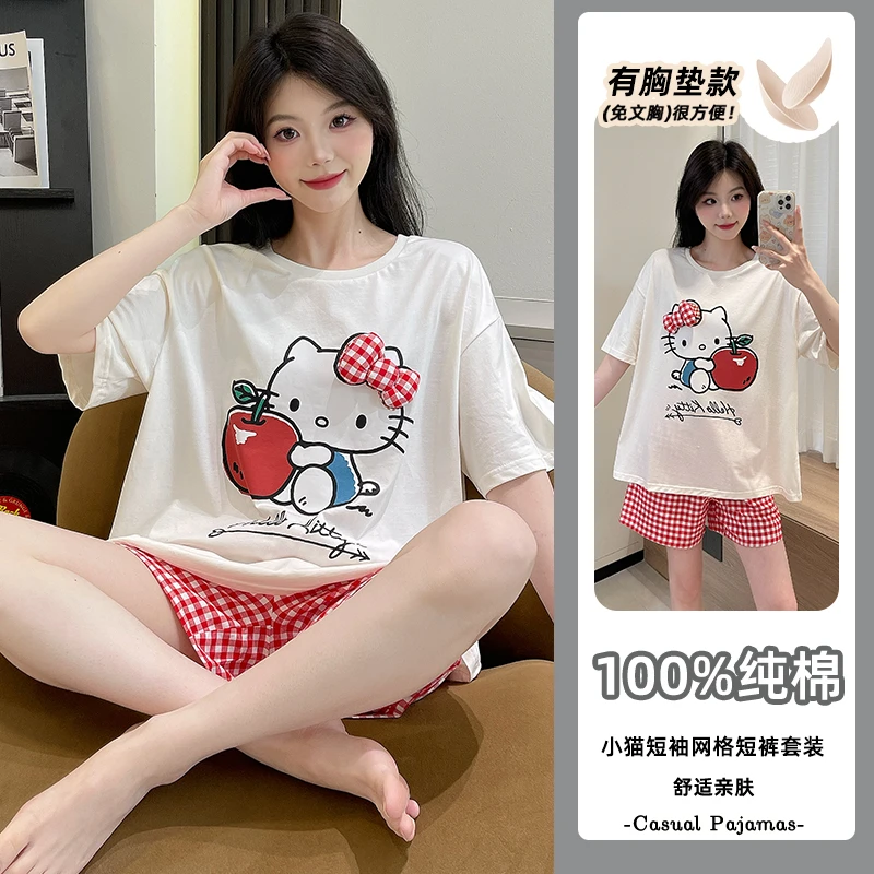 凯蒂猫2025夏季新款带胸垫纯棉透气短袖红色格子短裤家居服两件套