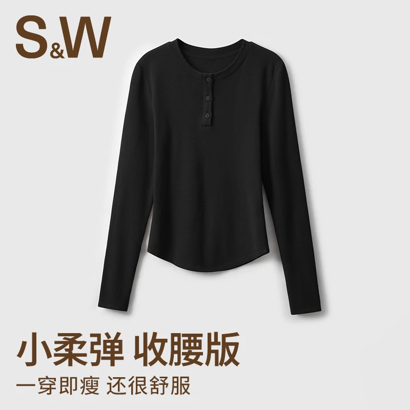 S&W速惟 圆领纽扣设计弧形下摆遮肉显瘦运动百搭纯色上衣 4281