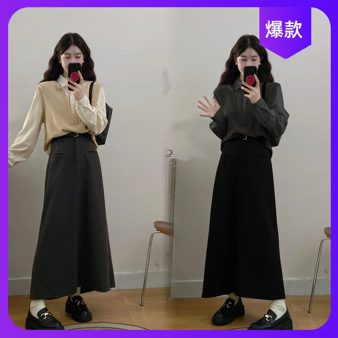 大码秋冬新款时尚百搭气质宽松针织拼接显瘦上衣洋气半身裙两件套