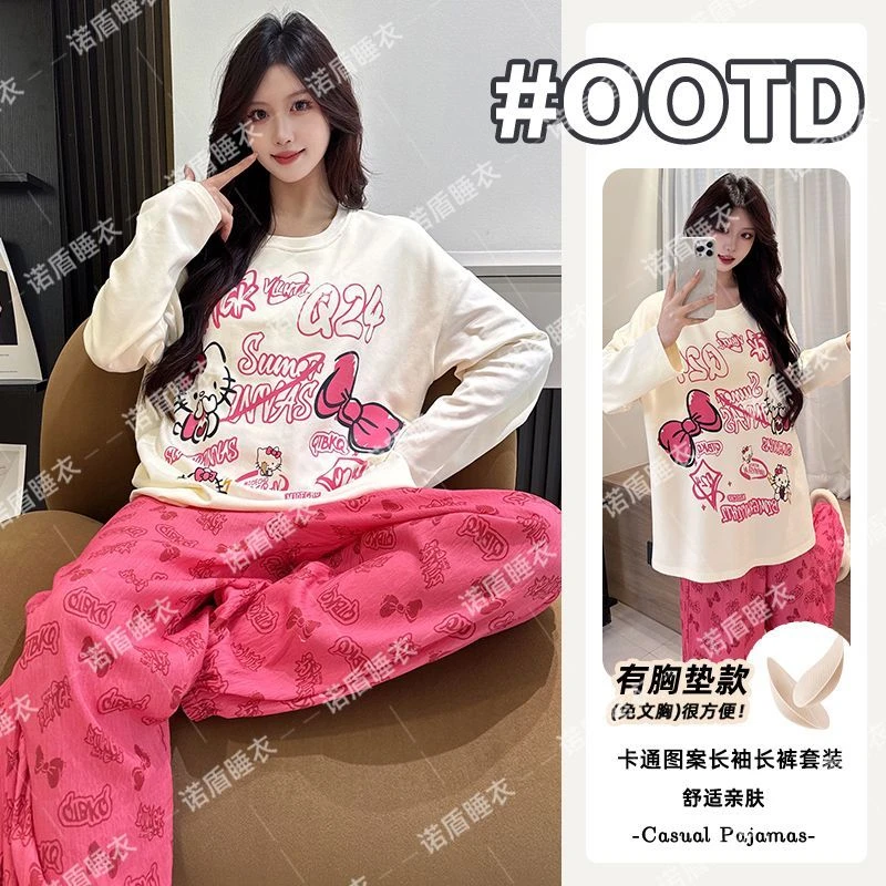睡衣女纯棉100%全棉秋冬带胸垫一体式可外穿卡通家居服套装