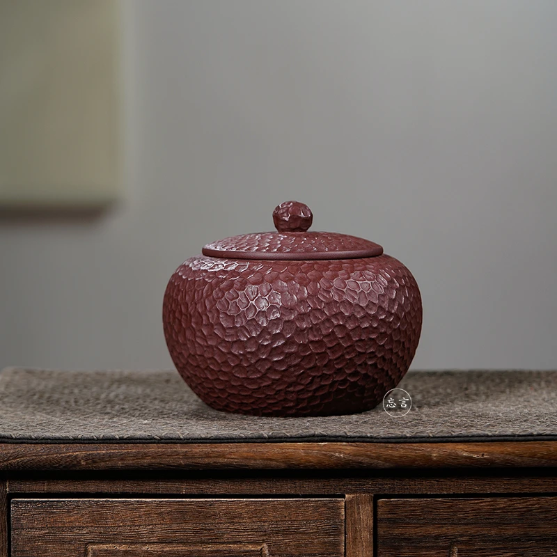 宜兴紫砂手工锤纹茶叶罐家用茶叶密封储存罐原矿紫泥大容量醒茶罐