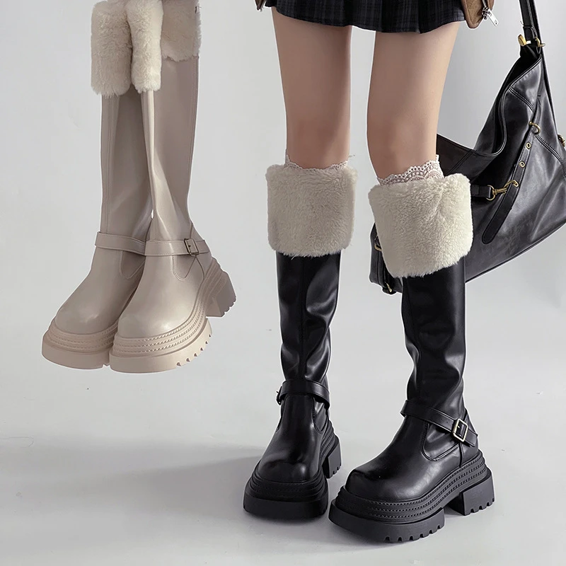 加绒厚底过膝长筒靴女2025冬季新款皮带扣拼接骑士靴靴子显瘦女靴