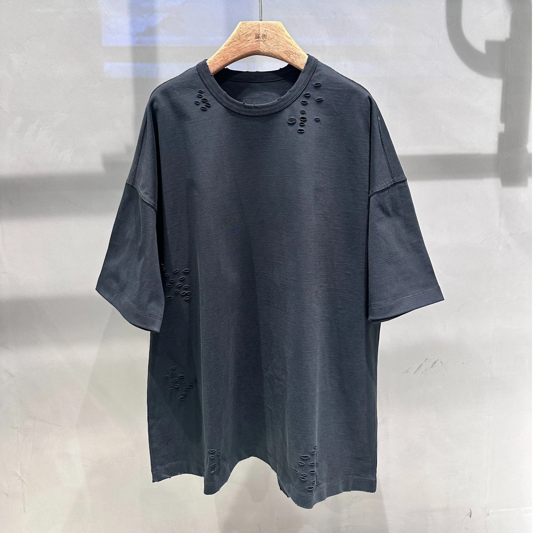 灌術10489短袖高级破洞重磅时尚T恤宽松简约休闲流行上衣