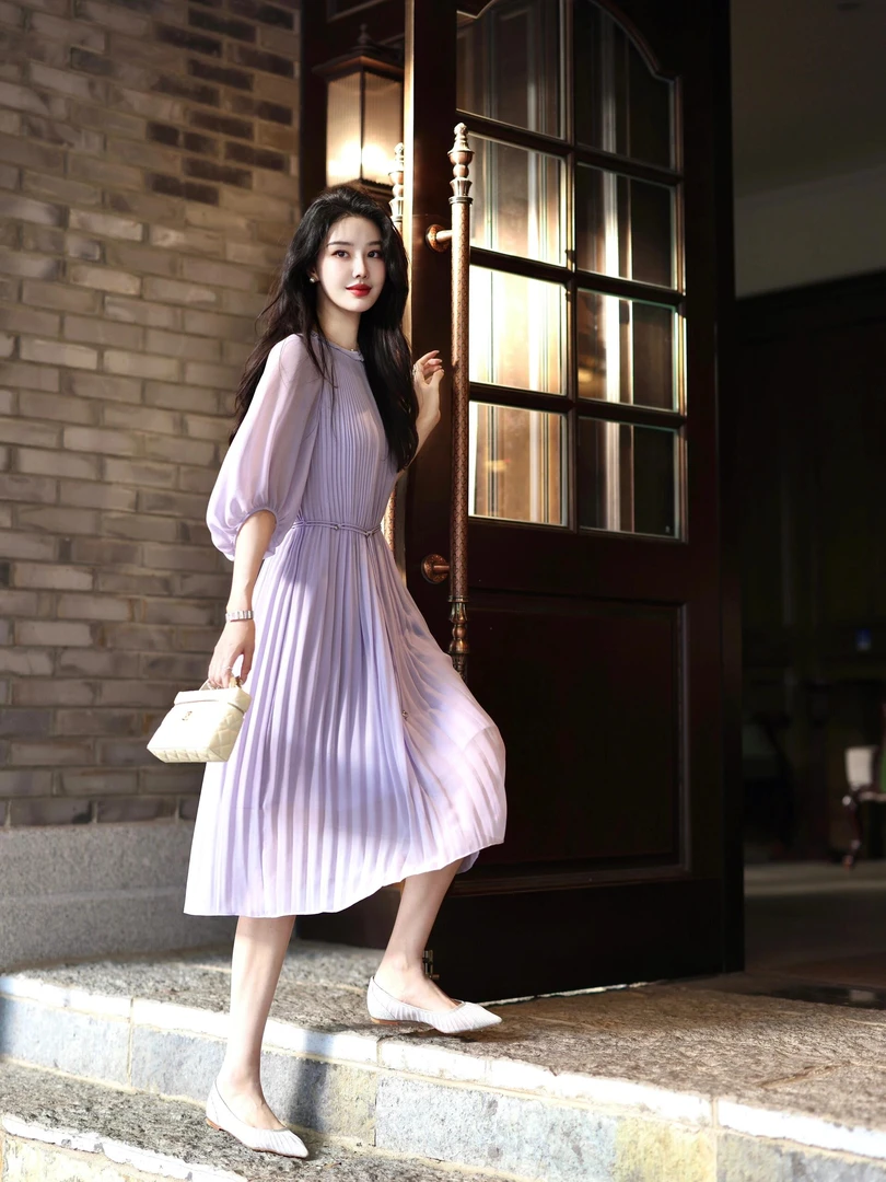 2025夏季新款法式气质温柔风名媛风紫色长袖连衣裙女高级独特