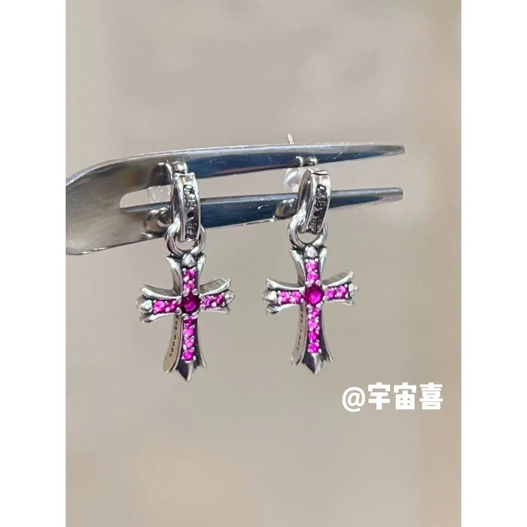 铜合金锆石耳饰 A5-076【十字架火龙果镀银耳钉】火龙果粉