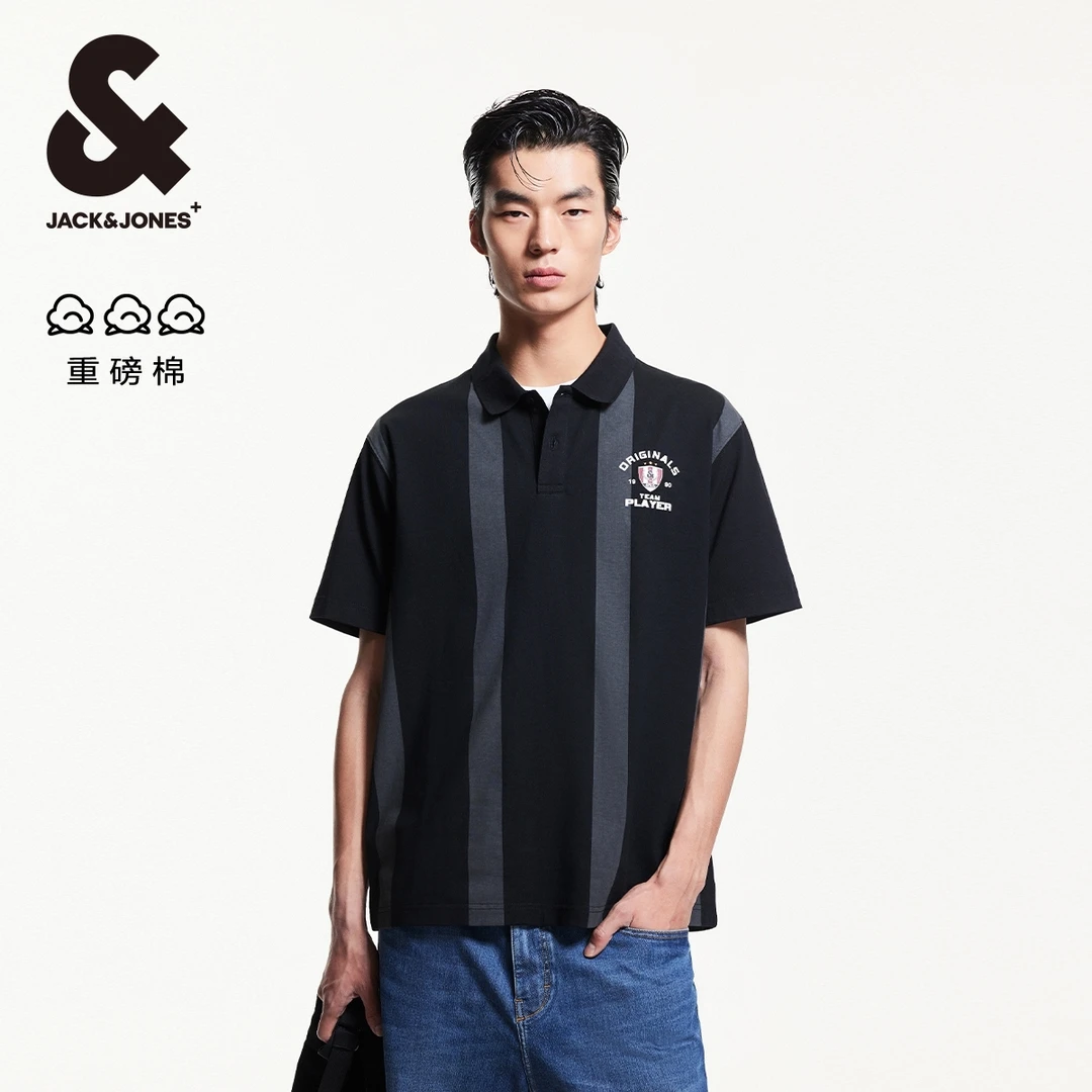 杰克琼斯男装秋polo衫男款短袖商务休闲条纹印花纯棉宽松潮流男装