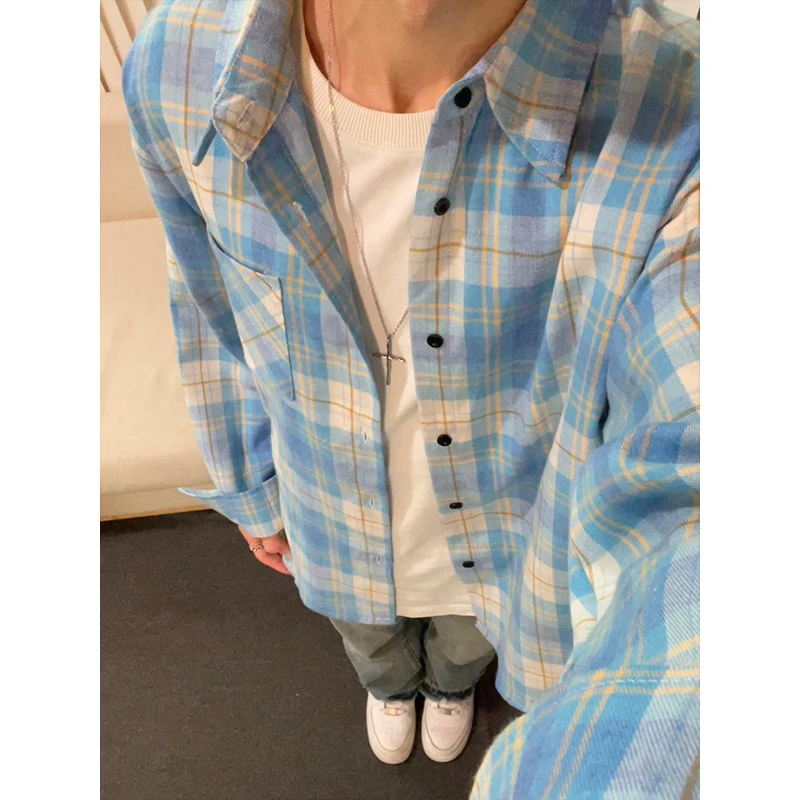 美式复古蓝色格子衬衫男女秋季潮牌宽松翻领长袖衬衣休闲情侣外套