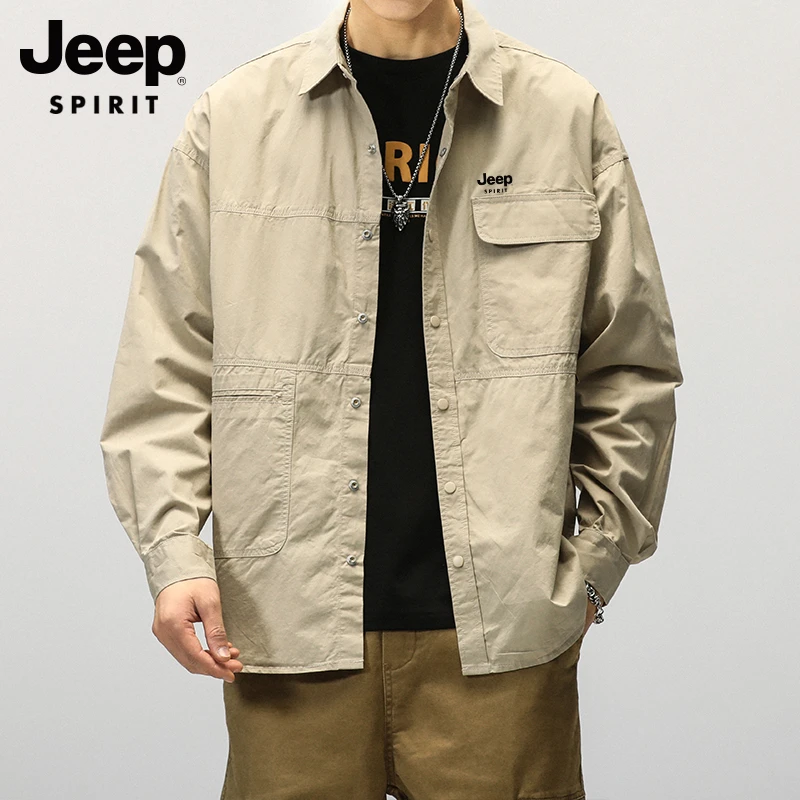 JEEP秋季法式工装长袖衬衫男士外套男装薄款衬衣2025运动宽松夹克