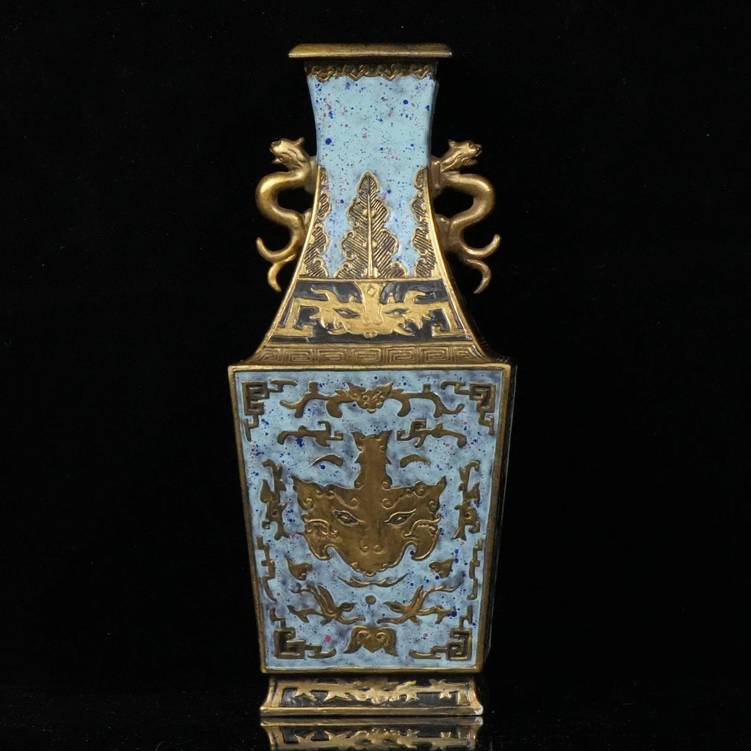 lot16488 6744 清乾隆 仿古铜釉兽面纹双龙耳四方瓶 H:32.3