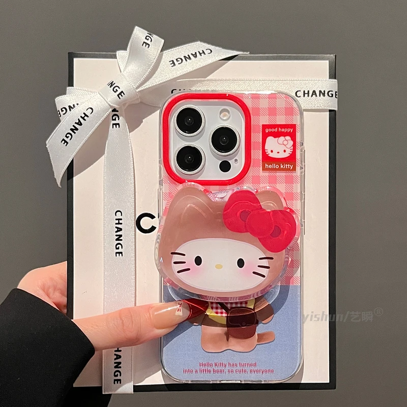 原创红格纹拼接棕皮包kt猫磁吸支架16ProMax手机壳新款iPhone15pm