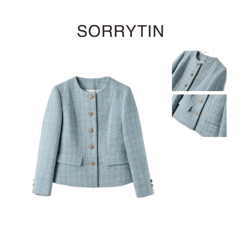 《巴黎晴空》SORRYTIN baby天蓝小楿气质 粗花呢圆领长袖外套