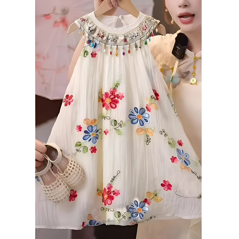 女童挂脖无袖连衣裙2025夏款女孩度假风裙公主裙沙滩裙海边背心裙