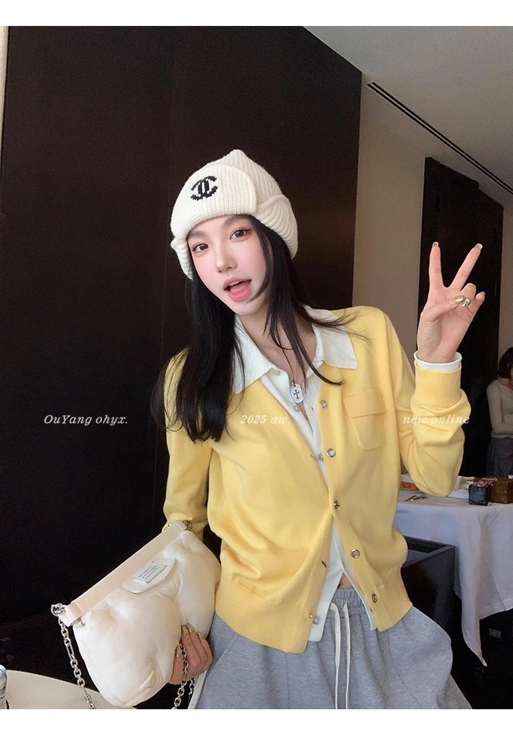 欧阳撞色假两件针织衫女秋季新款慵懒风毛衣拼接长袖开衫上衣