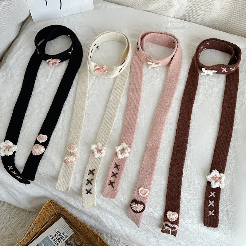 甜美风手工花朵小围巾女可爱百搭配饰柔软毛线窄长针织小围脖飘带