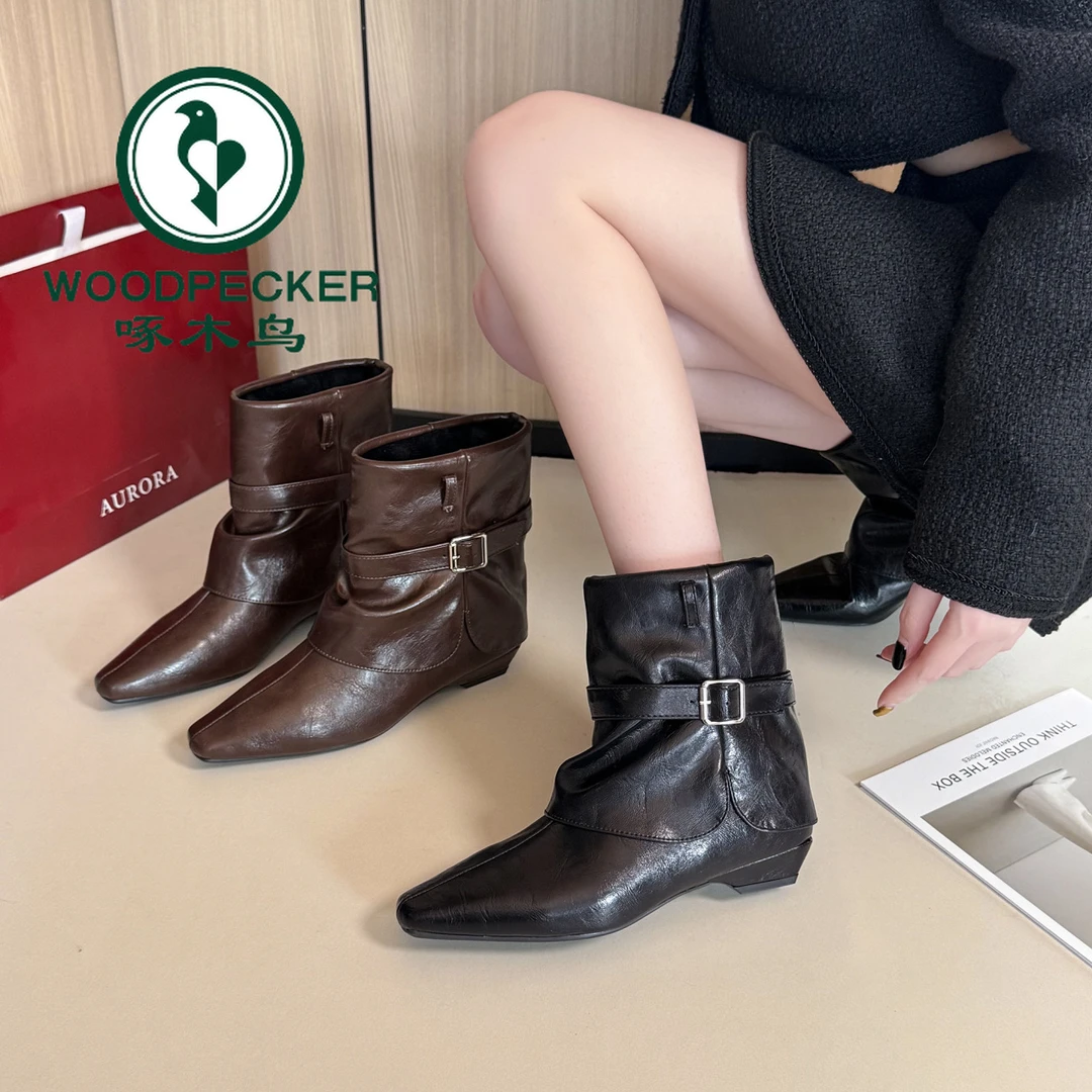 啄木鸟法式复古美拉德小众尖头瘦瘦短靴女冬2025新款时装靴马丁靴