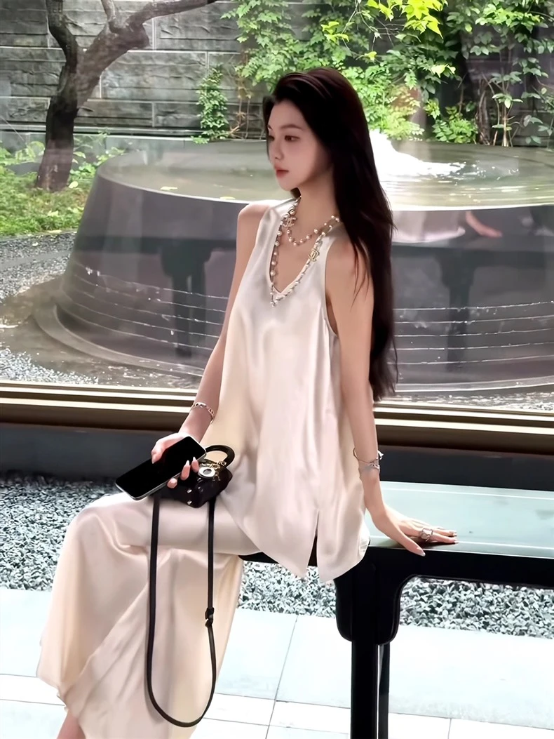 法式千金风气质休闲缎面无袖上衣长款半身裙通勤静奢风时尚套装
