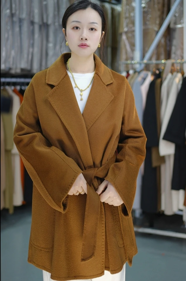 经典浴袍款毛呢大衣中短款h22011