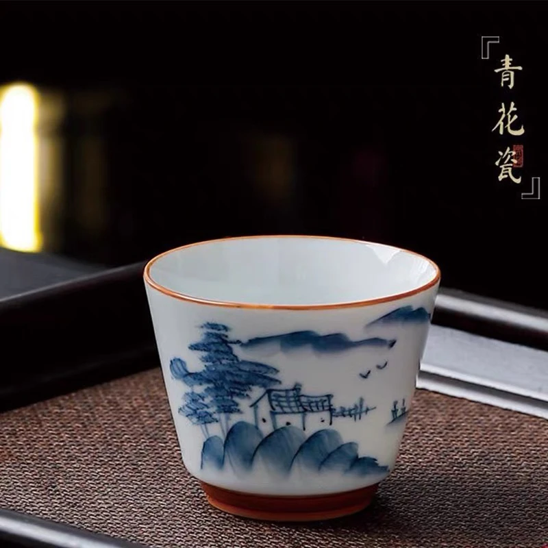 仿古陶瓷釉下彩手工青花手绘功夫茶杯山水主人杯马蹄杯泡茶具薄胎
