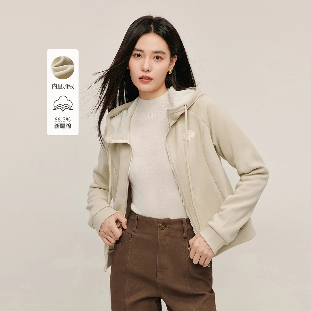 茵曼复古休闲连帽卫衣外套冬季女装新款百搭拉链显瘦短款开衫