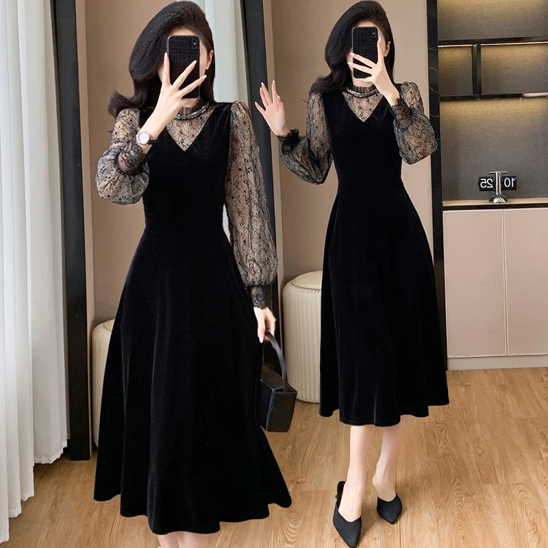 2025新款气质亮片网纱拼接丝绒连衣裙女秋冬轻熟风收腰晚礼服裙子