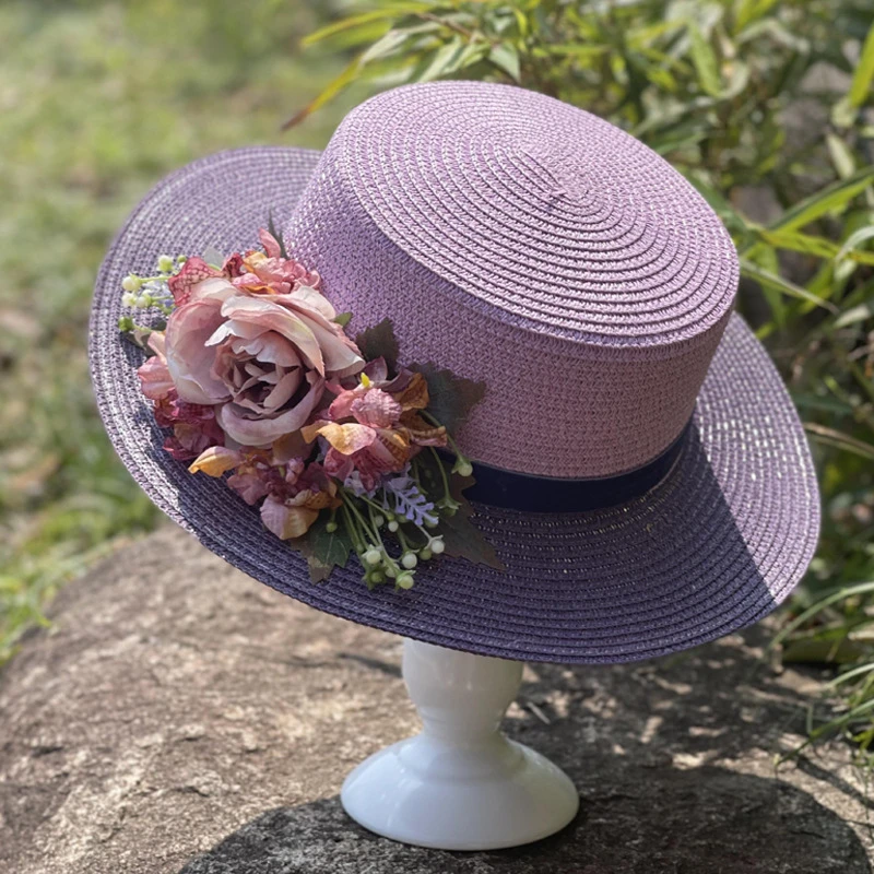 初夏花朵平顶草帽女2025新款夏季户外旅游防晒遮阳帽海边度假沙滩