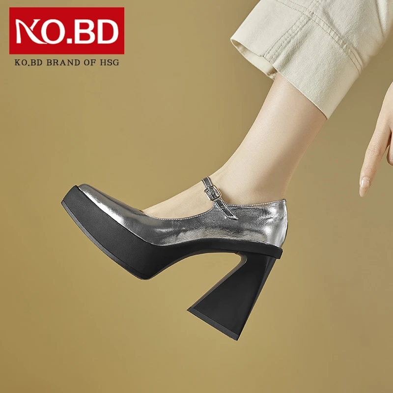 柯百蒂银色尖头高跟鞋女法式一字带浅口单鞋真皮防水台女鞋子W672