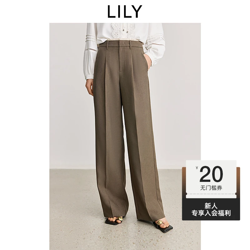 LILY2025春新款植物系老钱风撞色垂感通勤阔腿裤西裤125129C5921