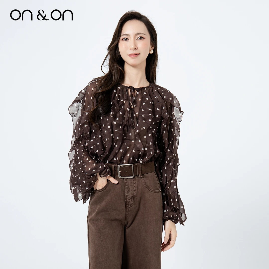 ON&ON/安乃安2025秋季懒复古荷叶边波点系带百搭小衫NNWW6043085